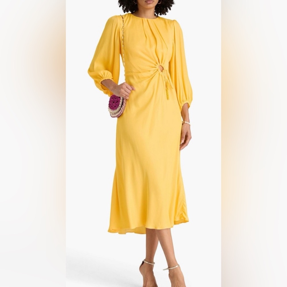 Farm Rio Yellow Bead Embellished Draped Satin Cut-Out Midi Dress Size XL